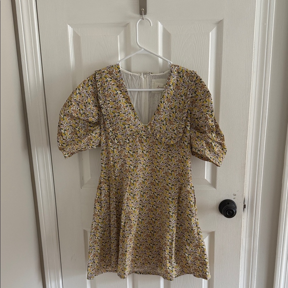 Anthropologie Yellow Floral V-Neck Puff-Sleeve Mini Dress